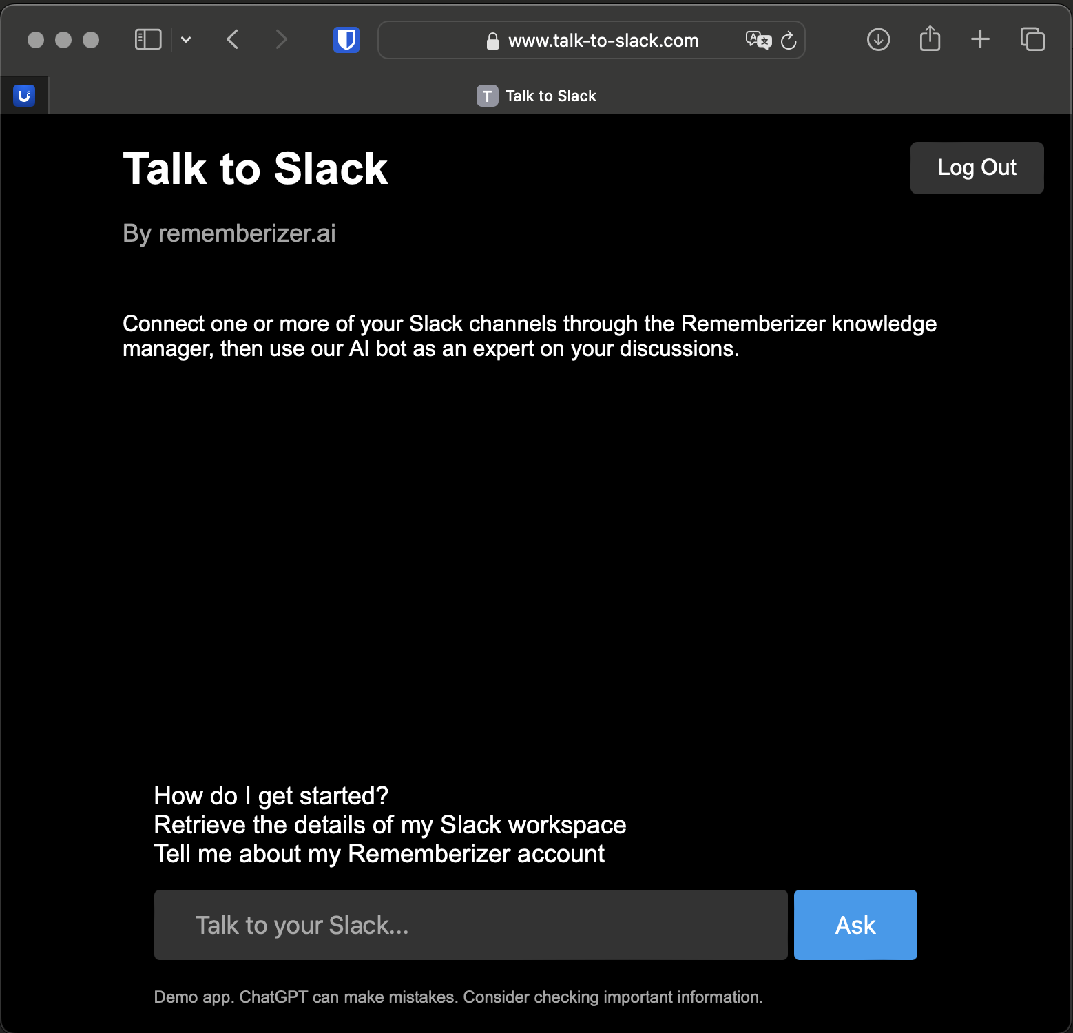 Ứng dụng web Talk to Slack.com của Rememberizer trên Heroku